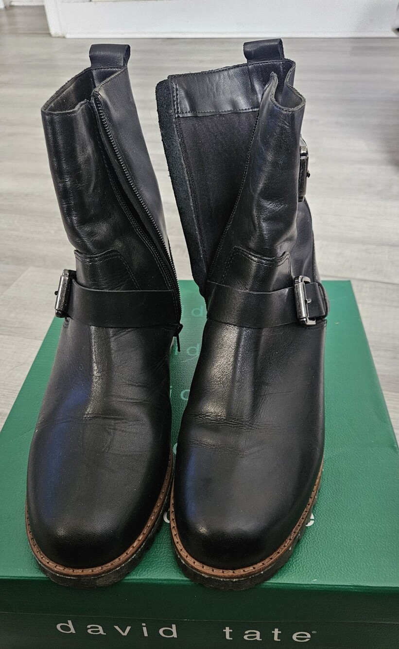 David Tate Black Leather Buckle Ankle Boots
